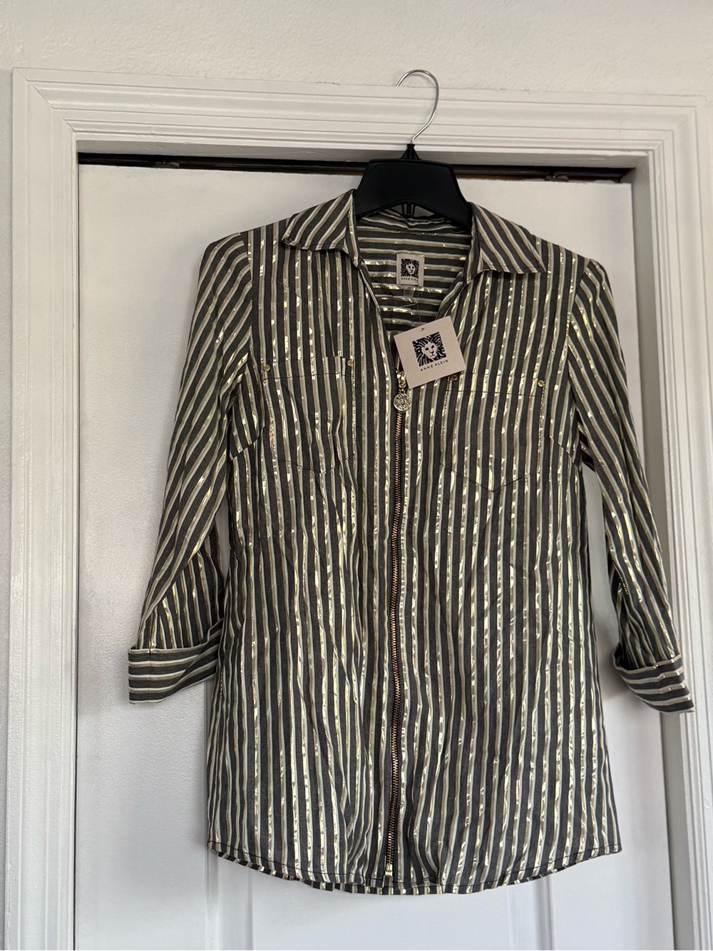 Anne Klein Metallic Gold-Striped Zip-Front Blouse